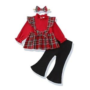 XUANHAO Baby Girl Clothes 12-18 Months Fall Winter Infant 12 Month Girl Clothes Christmas Outfits for Girls 18 Months Cute Long Sleeve Red Plaid Ruffle Bow Knot Tops Flare Pants Set+Headband 3PCS