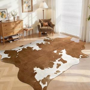 DweIke Faux Cowhide Print Rug for Living Room, 3 x 4 ft Brown Western Animal Cow Hide Rugs, Non Slip Cool Cow Skin Carpet for Bedroom Dining Room Farmhouse Entrance Home Decor, Tan