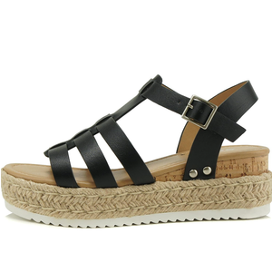 SODA TRADER ~ Women Open Toe Espadrille Flatform Platform Fashion Jute Wedge Fisherman Upper Sandals with Adjustable Ankle Strap, Black Pu, 8