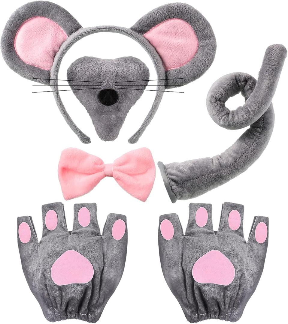Sintege Mouse Costume for Adult Halloween Mice Ears Headband Mouse Nose Tail Gloves Mice Costume for Carnival (Grey)