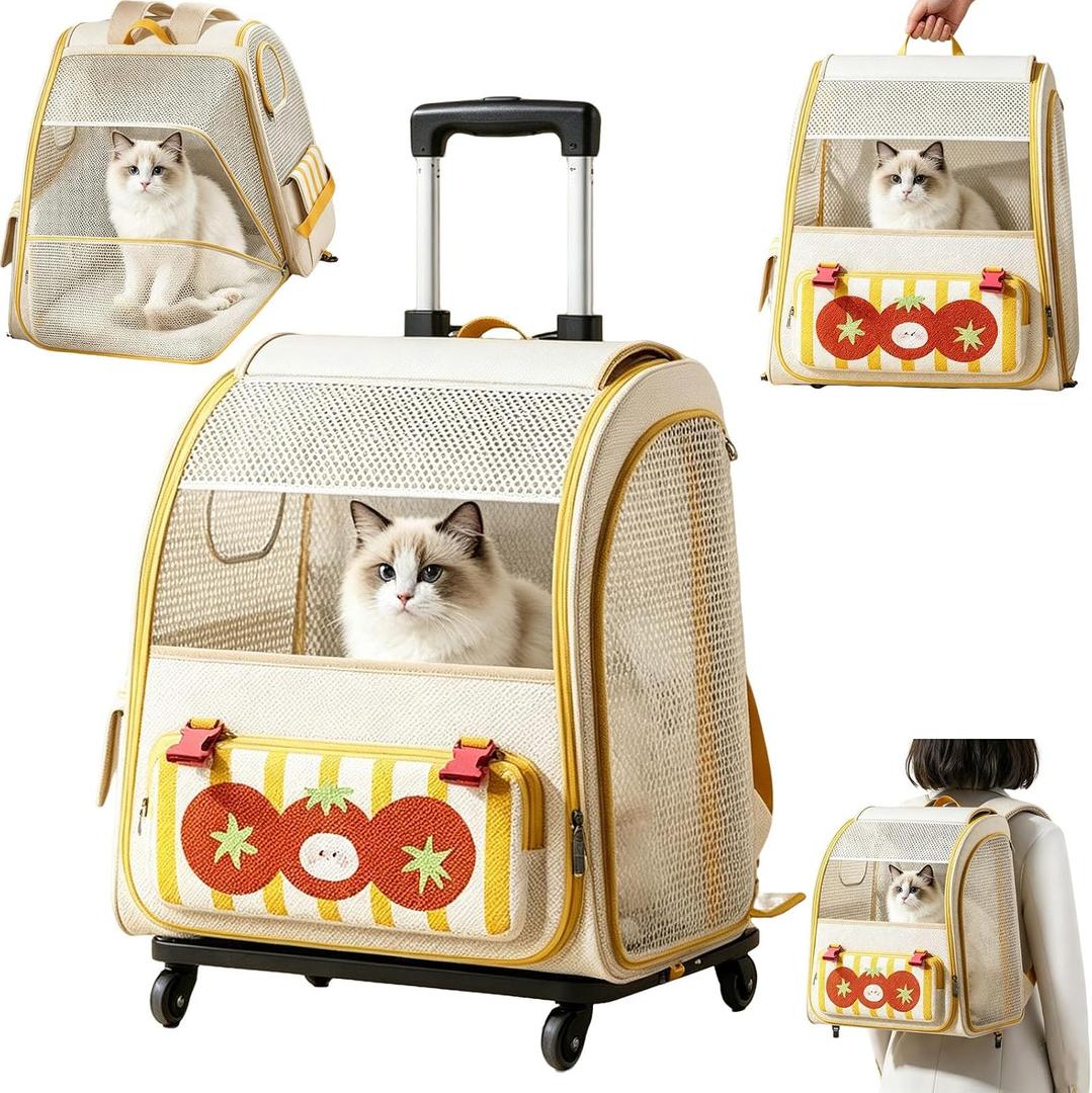 Pet Carrier Trolley Box with Wheels, Travel Trolley Pets Bag Breathable Cats Backpack with Removable Rolling Wheels for Cats and Small Dogs (Beige)
