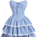SOLY HUX Women's Y2k Gingham Plaid Mini Dress Lace Trim A Line Layered Ruffle Hem Cami Dresses (Medium, Blue and White Plaid)