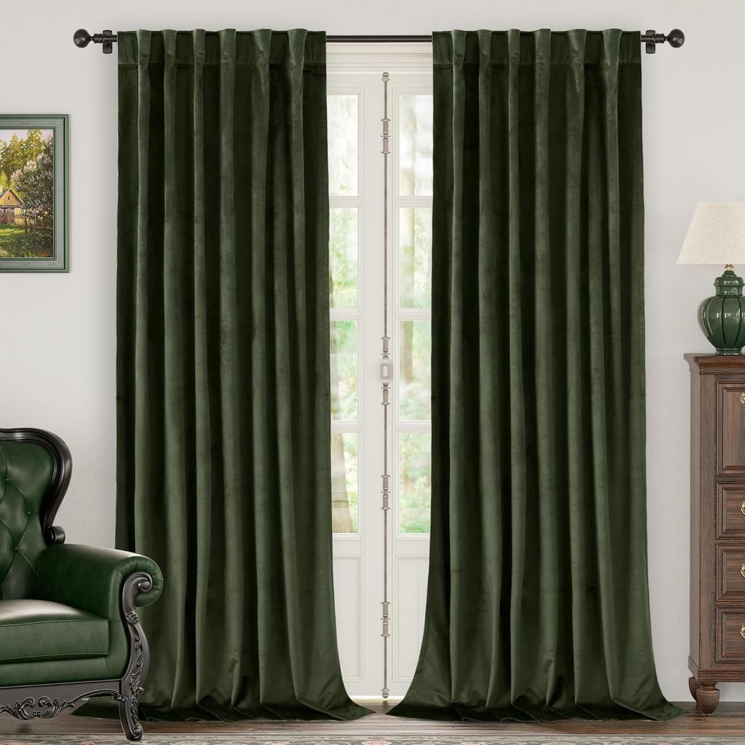 BGment Olive Green Velvet Curtains 96 Inches for Living Room, Thermal Insulated Blackout Curtains Room Darkening Drapes with Back Tab and Rod Pocket for French Door, Set of 2 Panels, 52 x 96 Inch