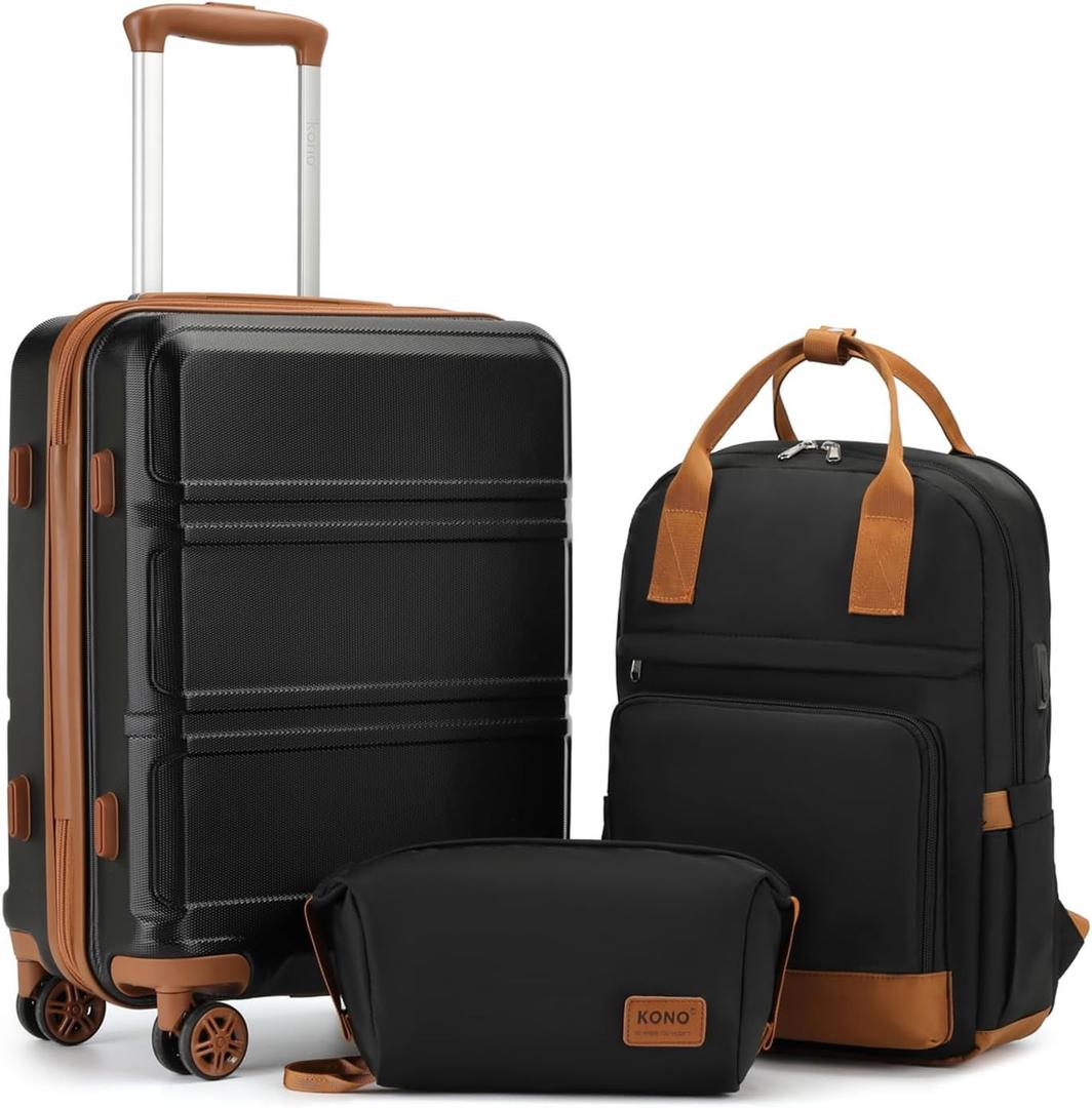 Kono Luggage Set 3 Piece Carry On Hardside Luggage with TSA Lock Spinner Wheels Carry On Suitcase Apricot Black (Carry-On Travel Set (BP/TB/20"))