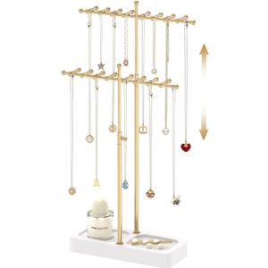 MODOWEY Necklace Holder Organizer Stand with Wood Tray, 36 Hooks Tall Display Tree for Women Men Vendors, Adjustable 2 Tier Metal Jewelry Rack, Large Capacity for Dresser Small Space, Gold+White