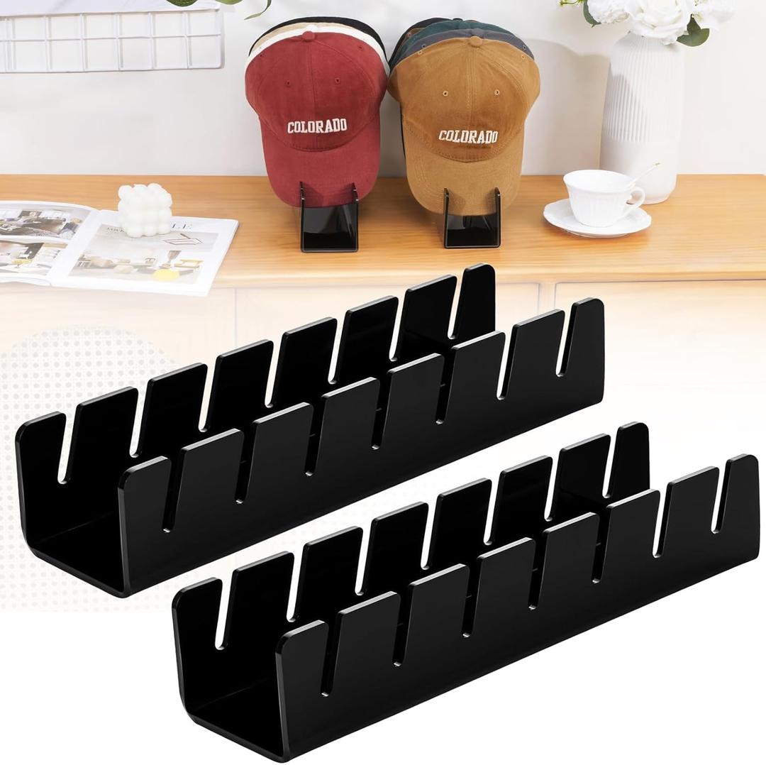PYOF 2024 New Hat Stand for Baseball Caps - 2 Pack Hat Organizer for 14 Baseball Caps No Install Hat Storage Display Rack Acrylic Hat Holder for Closet, Bedroom, Dresser, Entrance (Black)