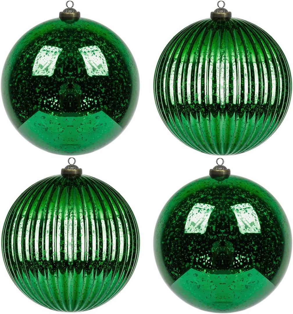 KI Store Green Christmas Ball Ornaments 6-Inch Set of 4 Large Hanging Tree Ornament Decorations Shatterproof Vintage Mercury Balls