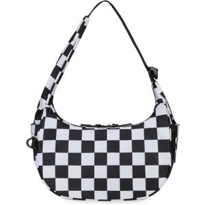 FODOKO Crescent Shoulder Bag for Women Checkered Purse Small Cute Clutch Hobo Handbags Nylon Quilted (Black)