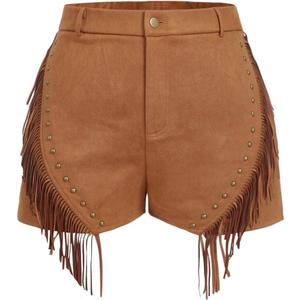 WDIRARA Women's Plus Size Fringe Shorts Western Concert High Waisted Faux Suede Shorts (Brown, XL)
