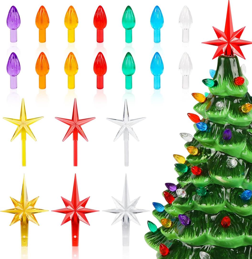 Ceramic Christmas Tree Replacement Lights Bulbs, 120 PCS Flame Shape Light up Medium Twist, 6 PCS Stars, Ornaments for Tree, Assorted Colors, (Ceramic Christmas Tree not Included)