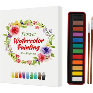 Watercolor Workbook for Beginners, Watercolor Paint Set, Arts & Crafts Water Color Book Notebook Practice Coloring Book for Adults and Teens with 12 Colors Painting Set & Brush (Flowers)