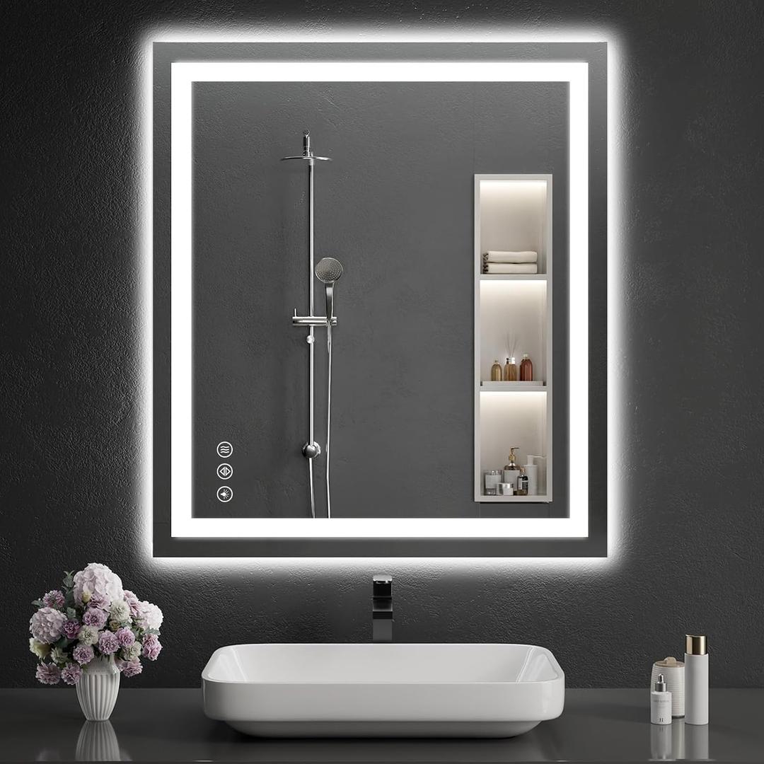 LED Bathroom Mirrors 32"x36" Bathroom Mirror with Lights for Wall, Backlit + Front Lit, 3 Colors, Anti-Fog, Dimmable Brightness for Vanity,Bathroom, Entryway, Living Room
