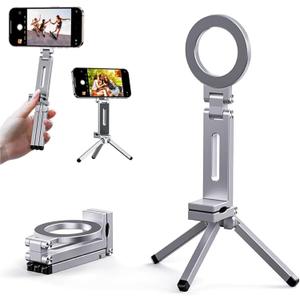 Magnetic Tripod for iPhone 16/15/14/13/12 Plus Pro Max Series,Aluminium Mini Magnetic Phone Tripod for iPhone & MagSafes,360 Adjustable Magic Clip Folding Magnetic Phone Stand,1/4" Screw (Silver)