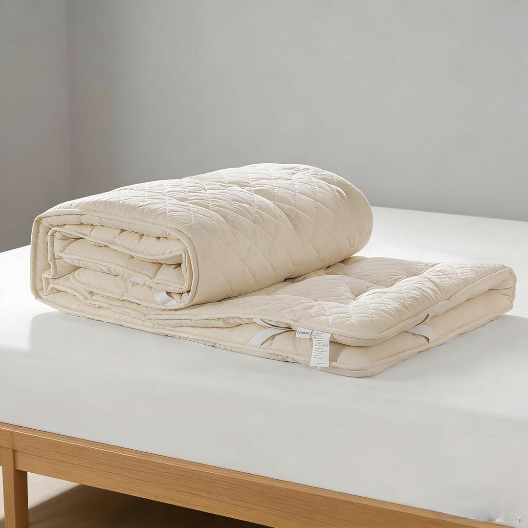 Luxury 100% Organic Wool Mattress Topper Made from Australian Merino,Extra Thick Pillow Top Mattress Pad with 100% Cotton Cover, Fuffy Mattress Cover (Beige, Queen(60"x80"))