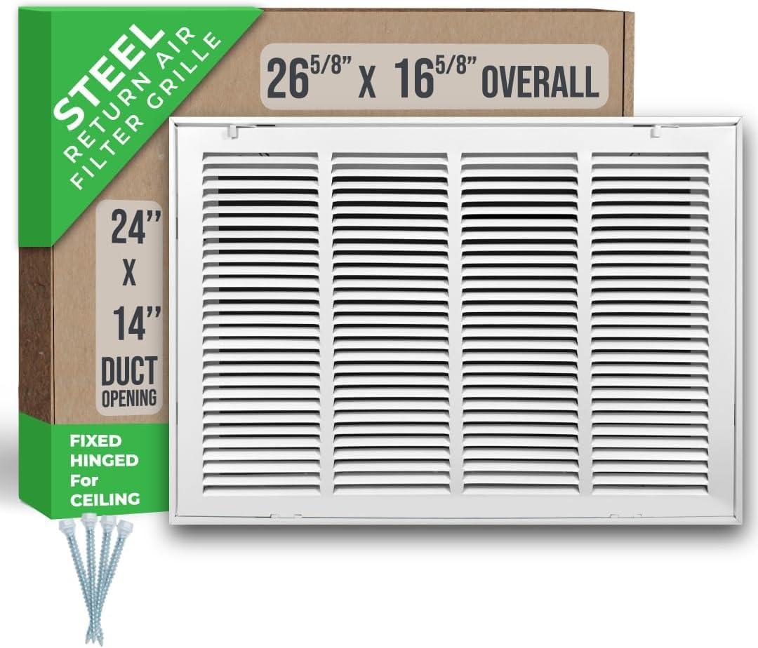 Fits 24x14 Duct Opening | Steel Return Air Filter Grille by Handua [Fixed Hinged] for 1-inch Filters | Vent Cover Grill for Sidewall and Ceiling | White | Outer Dimensions: 26 5/8"W X 16 5/8"H