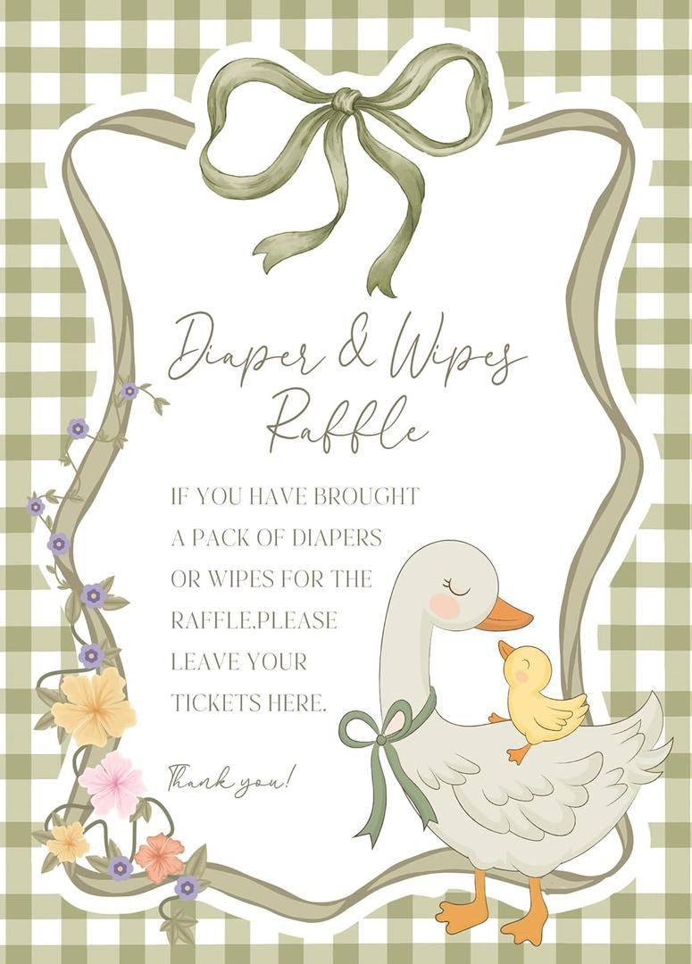 Diaper and Wipes Raffle Baby Shower Game, Silly Goose Diaper Raffle Sign and 50 Cards, Mother Goose and Gosling Bow Gender Reveal Games For Guests, Baby Announcements Ideas Decoration Supplies, 17