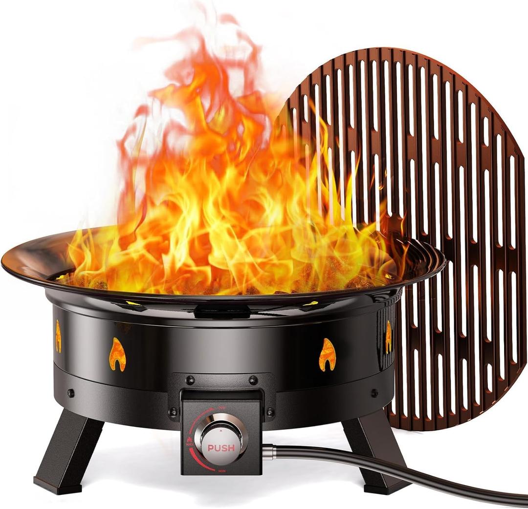Ciays Large Propane Fire Pit 19 Inch, Gas Fire Pit with Grill Grate, Folding Legs, Hose Hooks, Propane Tank Holder, Cover & Carry Strap, Portable Outdoor Fire Pit for Camping, 58,000 BTU (Black)
