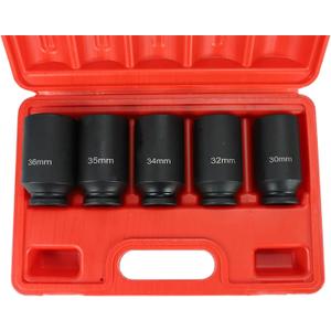 5PCS 1/2-Inch Drive Deep Spindle Axle Nut Impact Socket Set, 12 Point Metric, CR-MO, 30mm 32mm 34mm 35mm 36mm