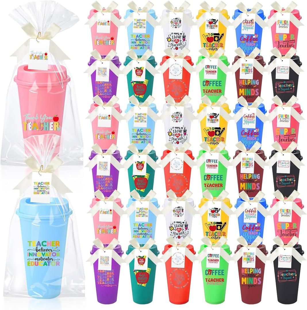 Skylety 36 Sets Teacher Appreciation Gift Bulk Thank You Coffee Cups Graduation End of Year Appreciation Gift for Teacher's Week, Assistant Plastic Coffee Cup with Lid and Bow Card(Lovely)
