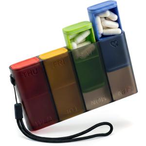 4 x Travel Pill Organizer Weekly Case for Once-Daily Use, Compact Pill Box 7 Day for Purse, Smooth Slide-Out Access, 8 Compartments for Daily Vitamins and Supplements, Easy to Use at Home or On the Go