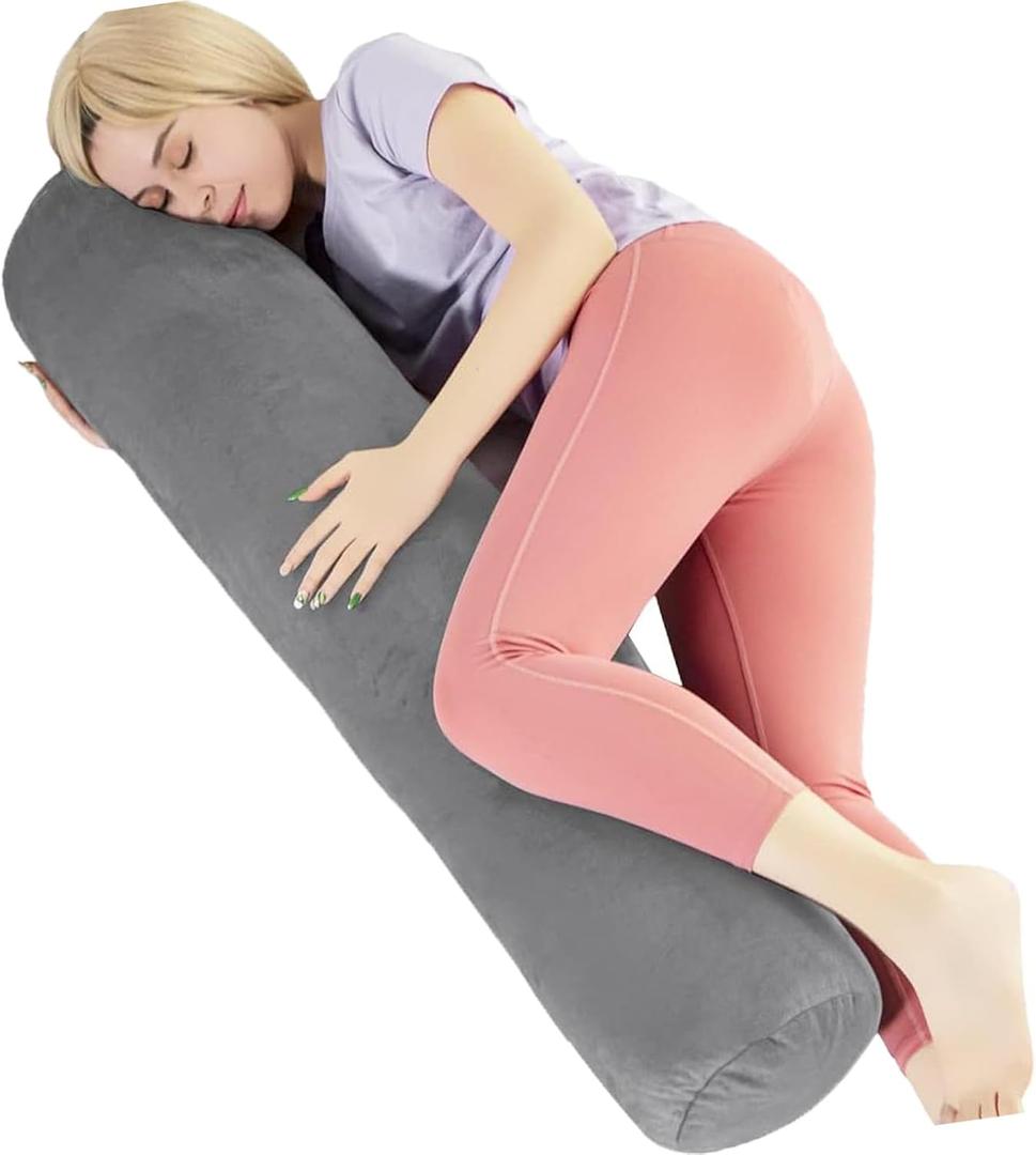 1 MIDDLE ONE Body Pillow for Adults, Bolster Pillow with Removable Velvet Cover, Long Round Pillow for Bed, 60 x 7.87 Inches, Grey