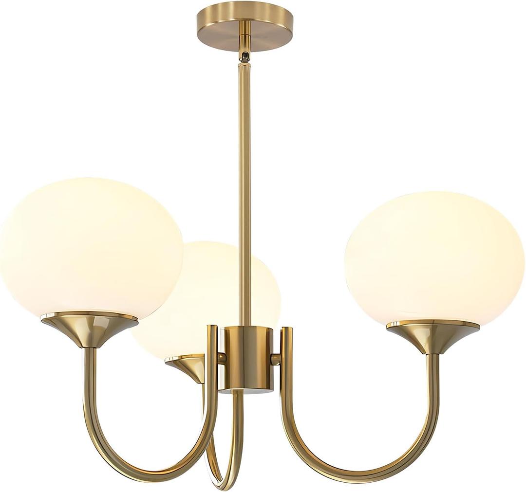BOKT Mid Century Modern Globe Sputnik Chandelier Vintage 3 Light Milk Glass Pendant Light Large White and Gold Ball Chandelier Light Brushed Brass Sputnik Hanging Light Fixture for Bedroom