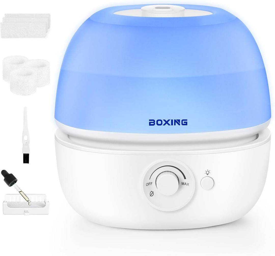 BOXING 3L Cool Mist Humidifier, Ultra Quiet 20dB for Bedroom, Baby & Office, Top Fill Air Humidifier for Home Office & Indoor Plants, 30H Runtime, Essential Oil Tray, Night Light, BPA-Free, White