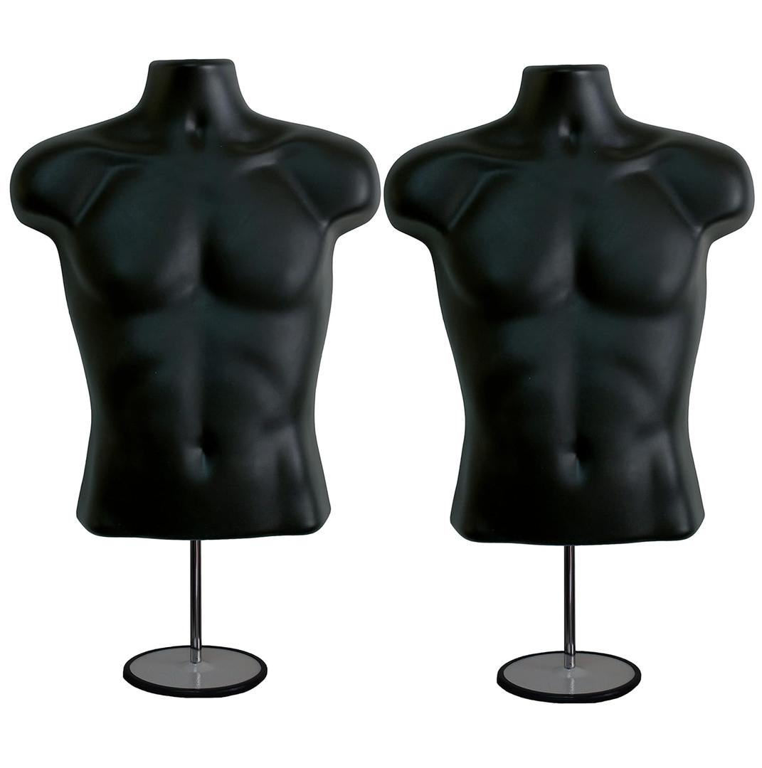 DisplayTown Male Mannequin Torso with Metal Stand Hollow Back Body Stackable Dress Form for Tshirt Display, Countertop, Craft Shows, Photos and Design, S-M Clothing Size (Black, Set of 2)
