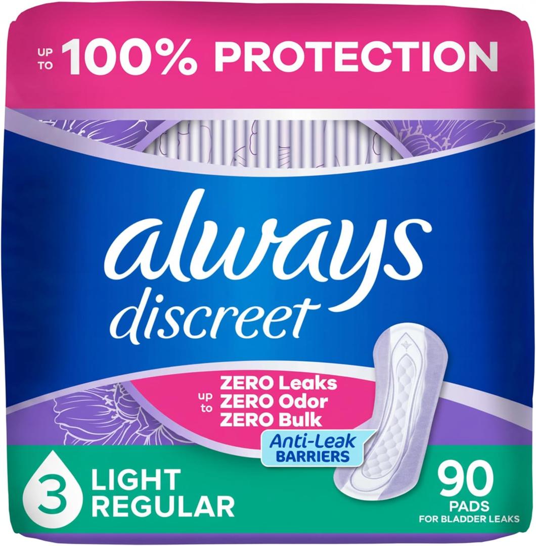 Always Discreet Adult Incontinence Pads for Women, Drier, 3 Drop Regular Length, Light Absorbency, Pads for Bladder Control Management, Bladder Leaks, & Postpartum Pads, 90ct