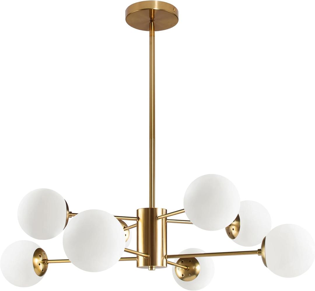 8-Light Globe Sputnik Chandelier Gold Mid Century Modern Light Fixture Brushed Brass Finished with White Frosted Globe Glass Lampshade Sputnik Chandeliers for Dining Room Kitchen Island Bedroom (8-Light, 35.4", 2-Tier)