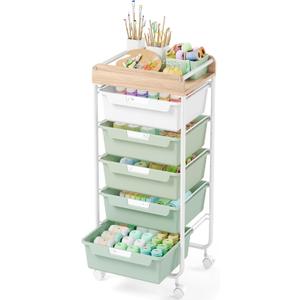 SYKIARIOL Rolling Storage Utility Cart with 5 Drawers, Craft Cart with Wheels, Makeup Organizer, Art Supply and Storage Wooden Tabletop, Green