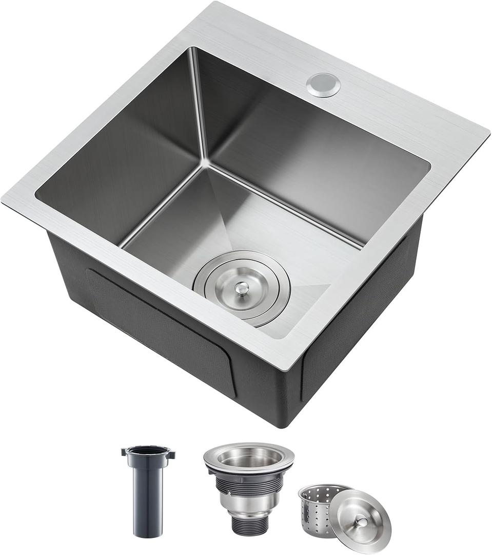 ROVATE 15 inch Drop in Bar Sink, Small Top-mount Kitchen Sink Single Bowl, Overmount Handmade 304 Stainless Steel Bar Sinks with Basket Strainer, 15 x 15 x 8 inch