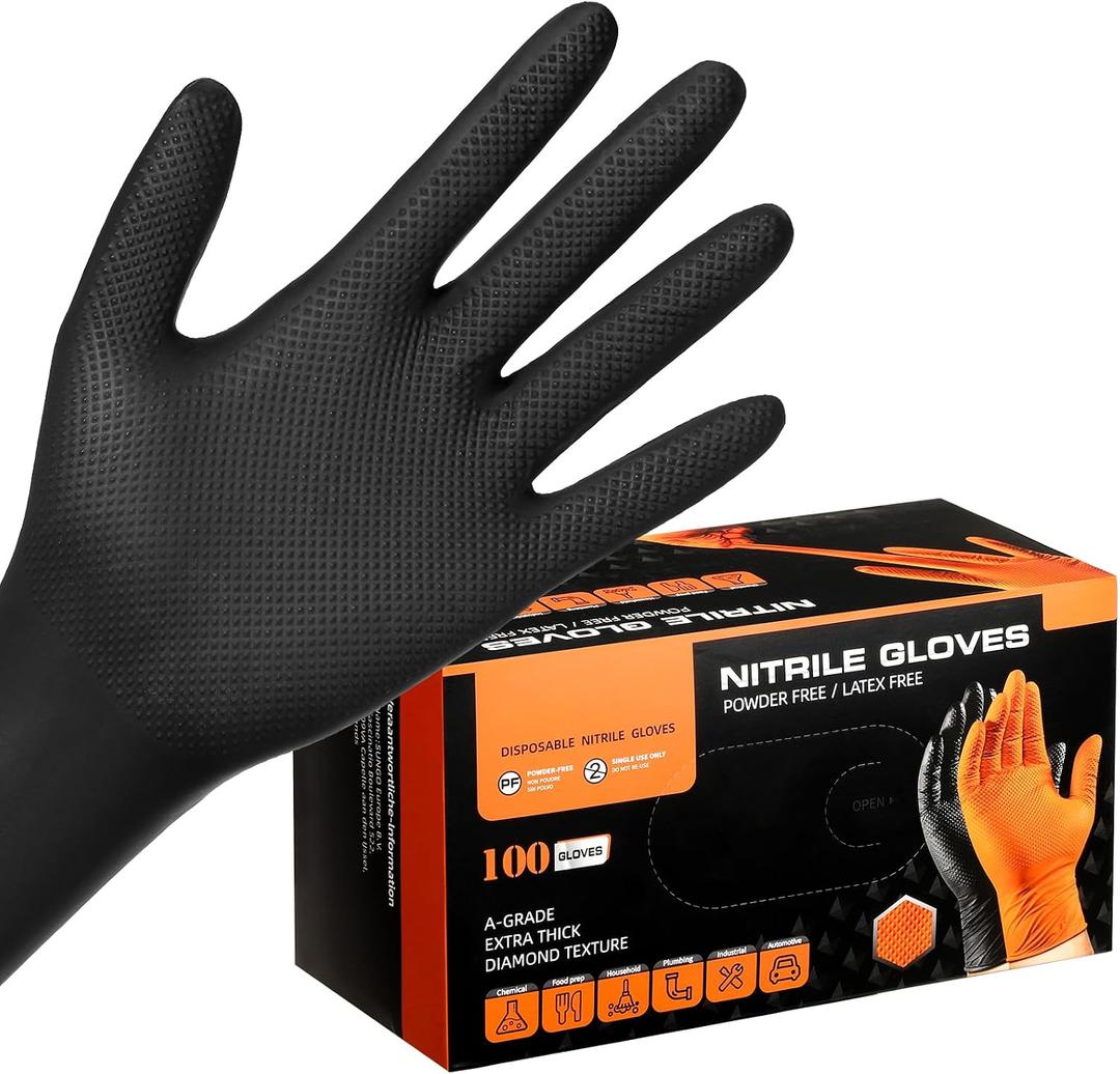 8 Mil Nitrile Gloves for Work, 100 PCS Chemical Resistant Black Disposable Mechanic Gloves for Men & Women Working, Cooking, Cleaning, Gardening, Medium, Heavy Duty, Latex Free
