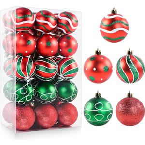 30PCS Christmas Ball Ornaments, 2.36" Red Green Christmas Balls Ornaments for Tree, Shatterproof Xmas Tree Decoration, Painting & Glittering Hanging Ball Baubles