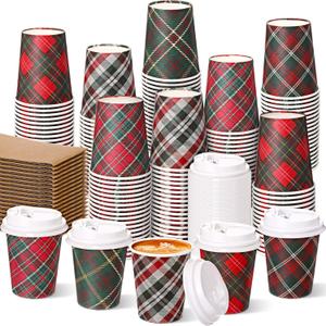 Cunhill 100 Set Christmas Disposable Coffee Cups 9oz with Lids & Sleeves Bulk Durable Thickened Paper Christmas Coffee Cups for Hot Chocolate Hot Cocoa Cold Drinks Xmas Party Supplies(Classic)