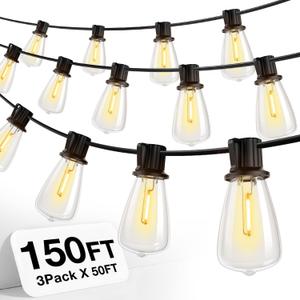 addlon 150 FT (3x50FT) Outdoor String Lights, Waterproof Patio Lights ETL Listed with 45+3 Shatterproof Dimmable ST38 LED Bulbs, 2200K Connectable Outdoor Lighting for Backyard Bistro Garden