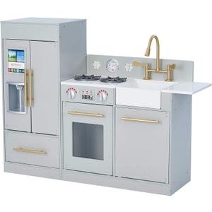 Teamson Kids Little Chef Charlotte Modern Modular Interactive Wooden Play Kitchen with Refrigerator, Stove and Sink in Gray with Gold Accents