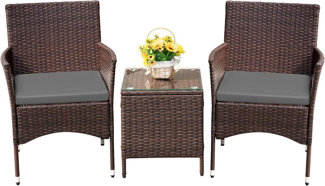 Devoko Patio Porch Furniture Sets 3 Pieces PE Rattan Wicker Chairs with Table Outdoor Garden Furniture Sets (Brown/Grey)