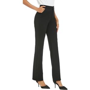 Women's Stretchy Straight Leg Dress Work Pants Business Office Casual Slacks with Pockets (Black)