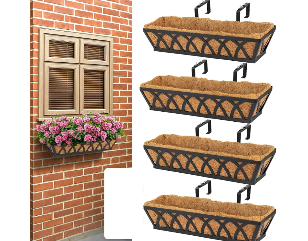 4 Pack 32IN Window Box Railing with Adjustable Brackets, Hanging Flower Planter Basket with Coco Liner for Outdoor Balcony Porch Fence Patio (Black)