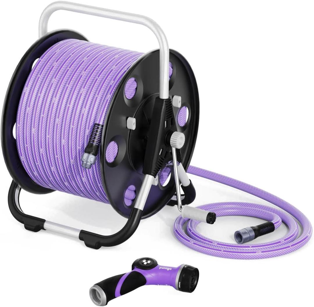 FREEDOM Portable and Wall-Mountable Garden Hose Reel equipped with 5/8' 100ft, Kink-Free Hybrid Hose, Lightweight, Easy Setup. Spray Nozzle and Leader Hose Included