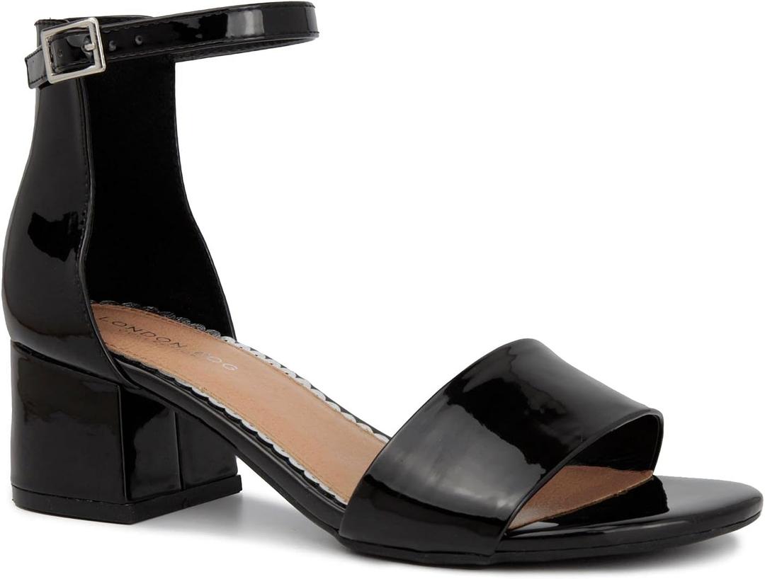 LONDON FOG Women's Nikki Low Two Piece Block Heel Dress Shoe Ladies Ankle Strap Pump Sandal (6.5, Black Patent)