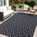 OLANLY Outdoor Rug 8x10 ft Waterproof, Outdoor Plastic Straw Rug with Geometric Pattern Clearance, Reversible RV Mat for Patio, Camping, Balcony, Deck, Backyard, Black & Grey