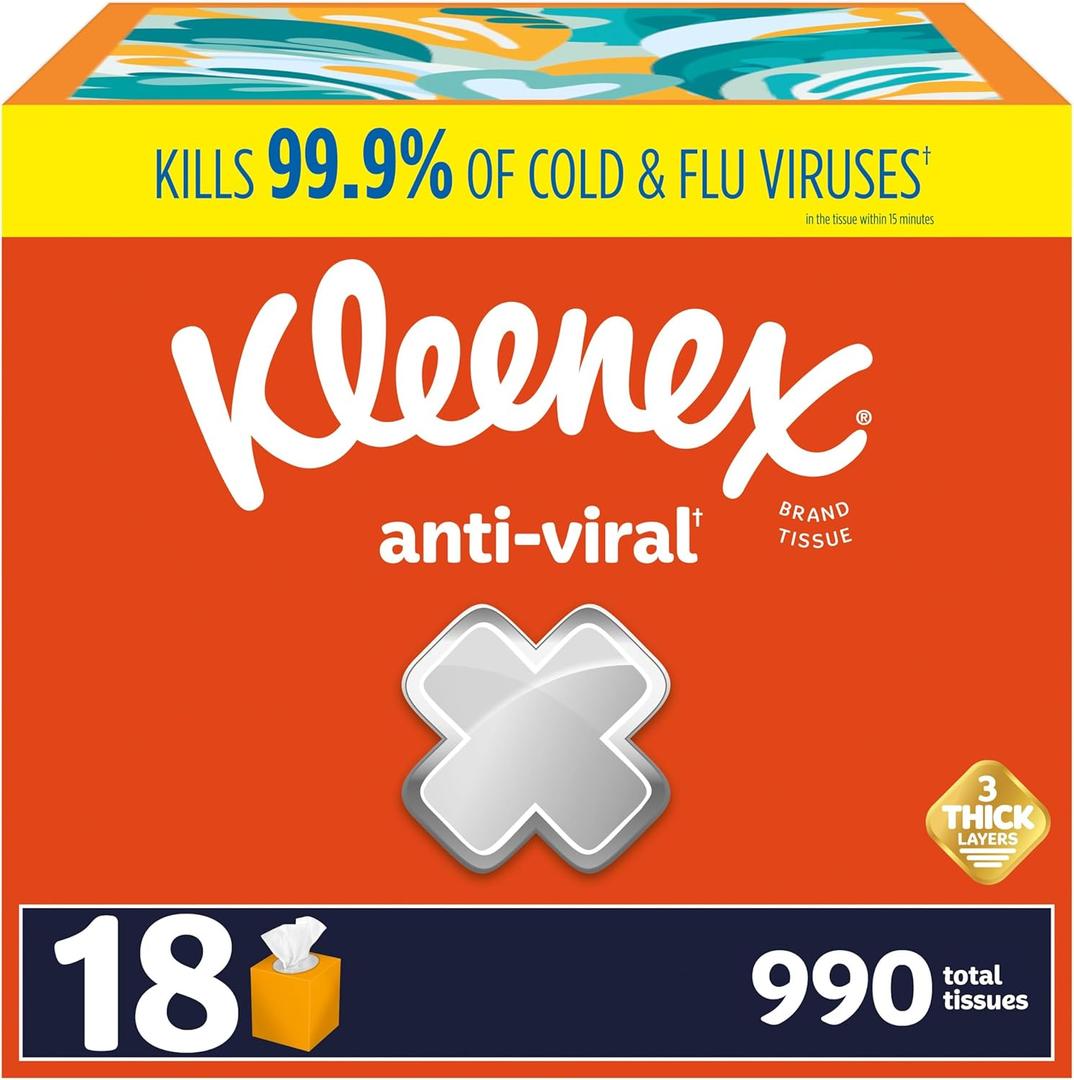 Kleenex Anti-Viral Facial Tissues, Classroom or Office Tissue, 18 Cube Boxes, 55 Tissues per Box, 3-Ply (990 Total Tissues) (White)