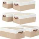 6 Pack Fabric Storage Bins, Large Storage Baskets for Shelves, Foldable Closet Organizer Storage Boxes with Leather Handles for Clothes, Sheets, Jeans, Toys, Books (Beige and White)