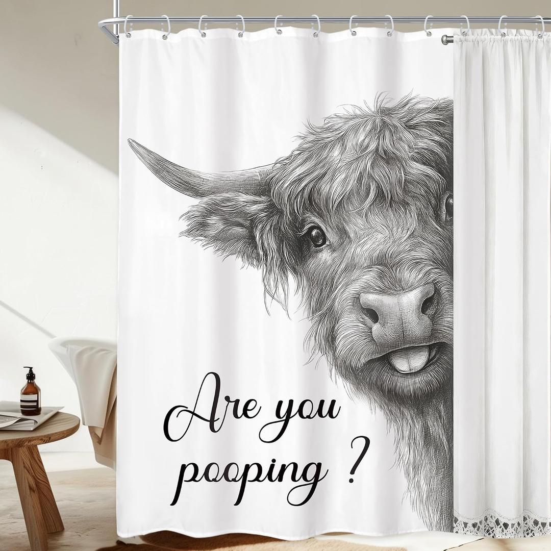 Highland Cow Farmhouse Funny Rustic Black White Bathroom Shower Curtain Set, 60"W x 72"L