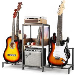 Bikoney Guitar Stand for 4 Guitars - Acoustic, Electric, Bass & Ukulele Floor Rack with 2 Wood Shelves for Amp Holder, Vinyl Records & Media Storage - Adjustable Multi Guitar Display Stand for Music Studio Home (Patent)