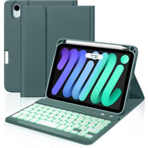 for iPad Mini 7 Keyboard Case A17 Pro 2024/iPad Mini 6 Generation Case with Keyboard 2021 8.3 Inch, Pencil Holder, 7 Color Backlit Detachable Keyboard Cover for iPad Mini 7th/6th Gen,Pinegreen