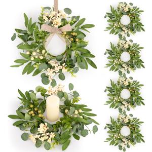 6 Pcs Green Eucalyptus Candle Rings Wreaths Spring Summer Kitchen Cabinet Wreaths Mini Green Berry Leaves Candle Wreath for Pillars Farmhouse Festival Wedding Celebrations Tabletop Decoration