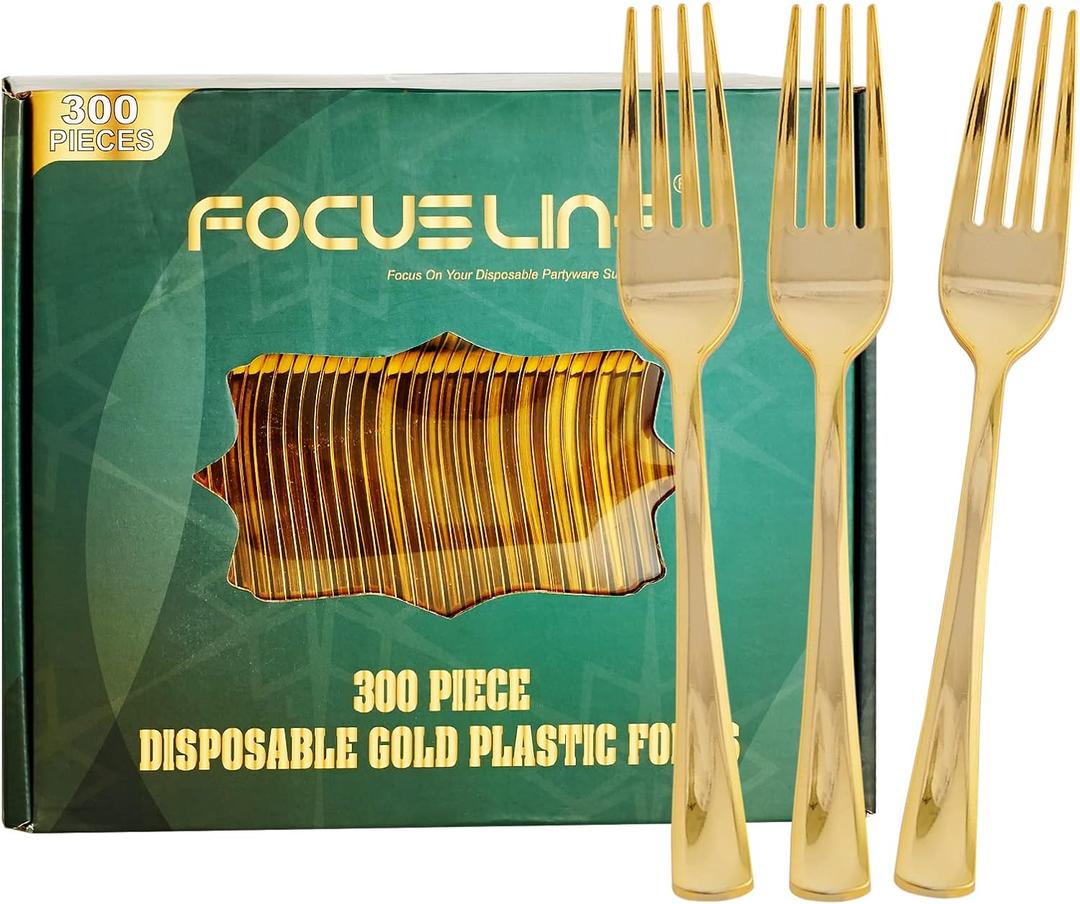 FOCUSLINE 300 Pack Disposable Gold Plastic Forks, Solid and Durable Plastic Cutlery Forks, Heavy Duty Disposable Utensil Silverware for Catering, Parties, Dinners, Weddings